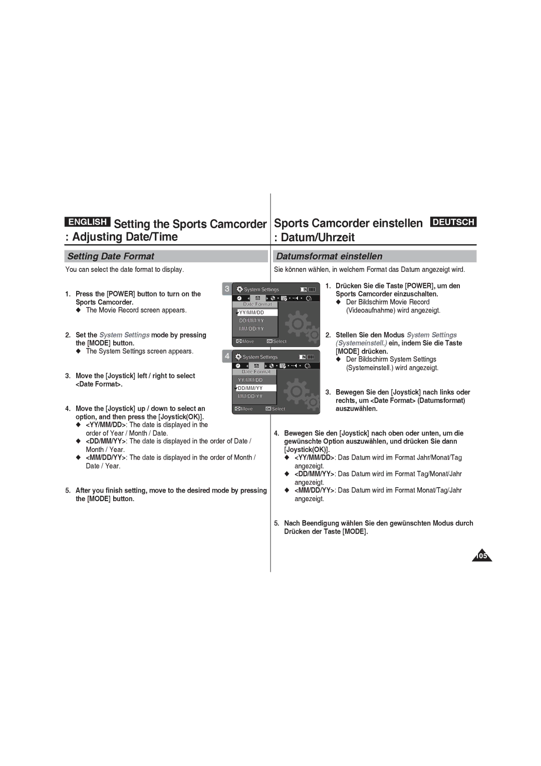 Samsung VP-X210L/EUR, VP-X210L/XEF, VP-X220L/XEF, VP-X210L/XET, VP-X220L/XET manual Setting Date Format Datumsformat einstellen 