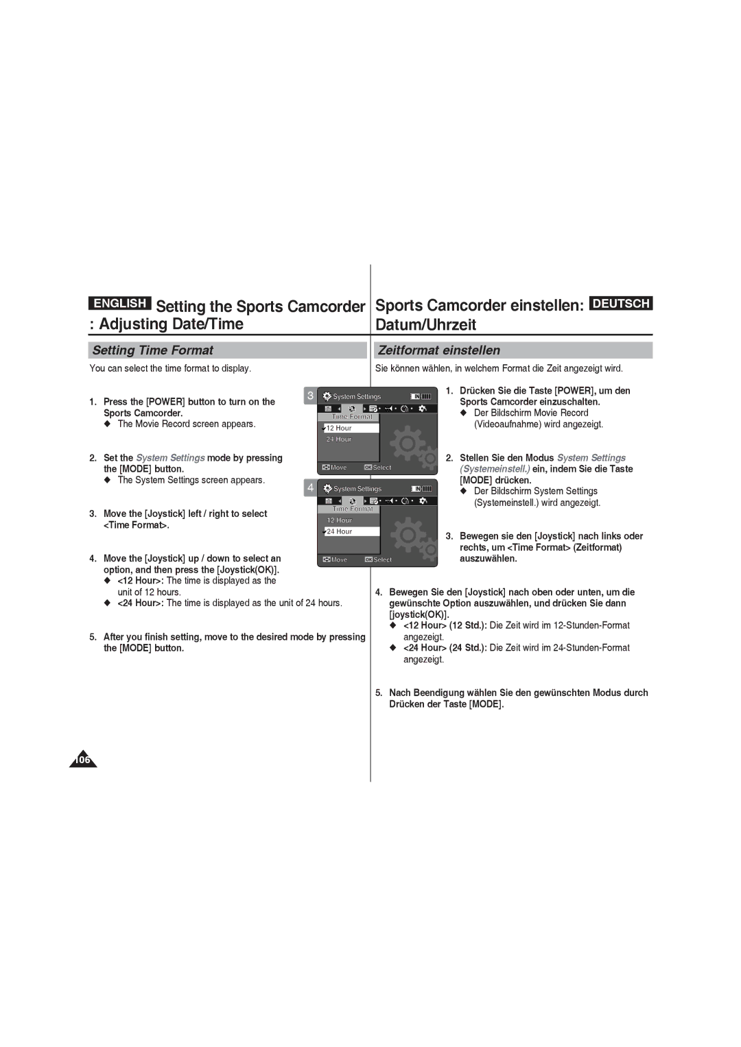 Samsung VP-X220L/XEO, VP-X210L/XEF Setting Time Format Zeitformat einstellen, You can select the time format to display 