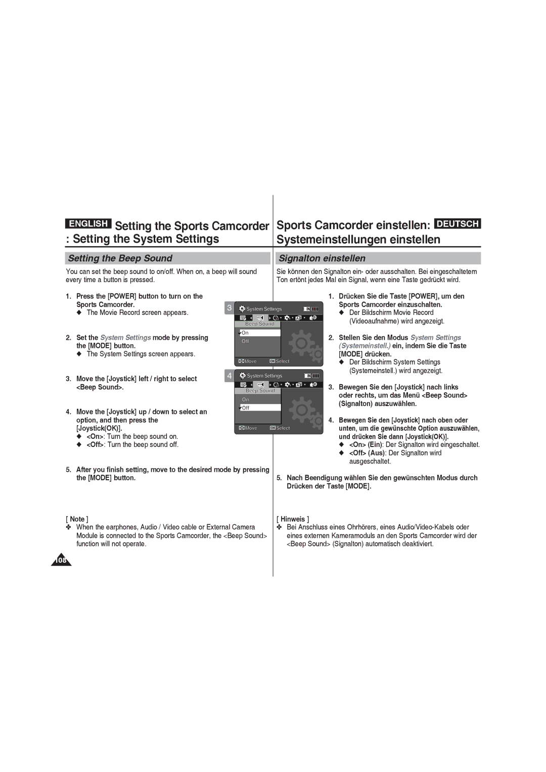 Samsung VP-X210L/XEF, VP-X220L/XEF manual Setting the System Settings Systemeinstellungen einstellen, Setting the Beep Sound 