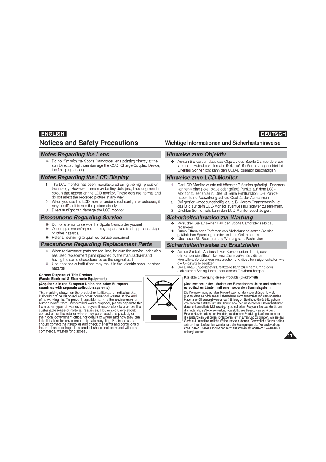 Samsung VP-X210L/XET manual Hinweise zum Objektiv, Precautions Regarding Service, Precautions Regarding Replacement Parts 