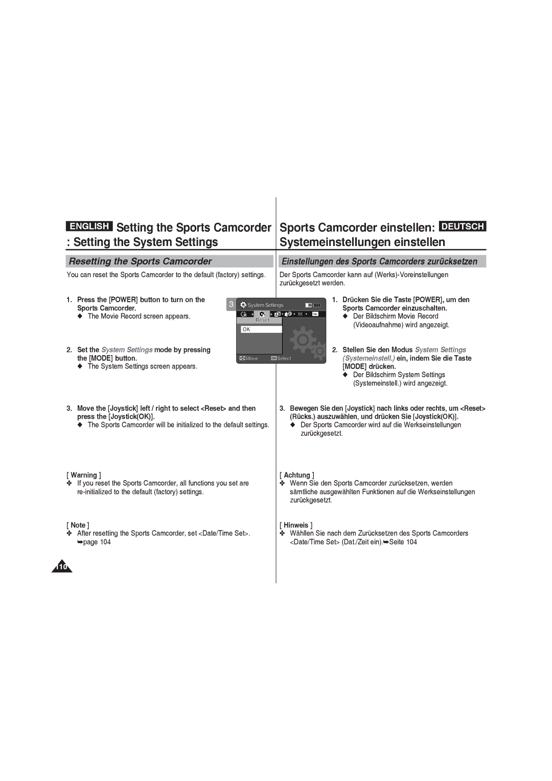 Samsung VP-X210L/XET, VP-X210L/XEF Resetting the Sports Camcorder, Der Sports Camcorder kann auf Werks-Voreinstellungen 