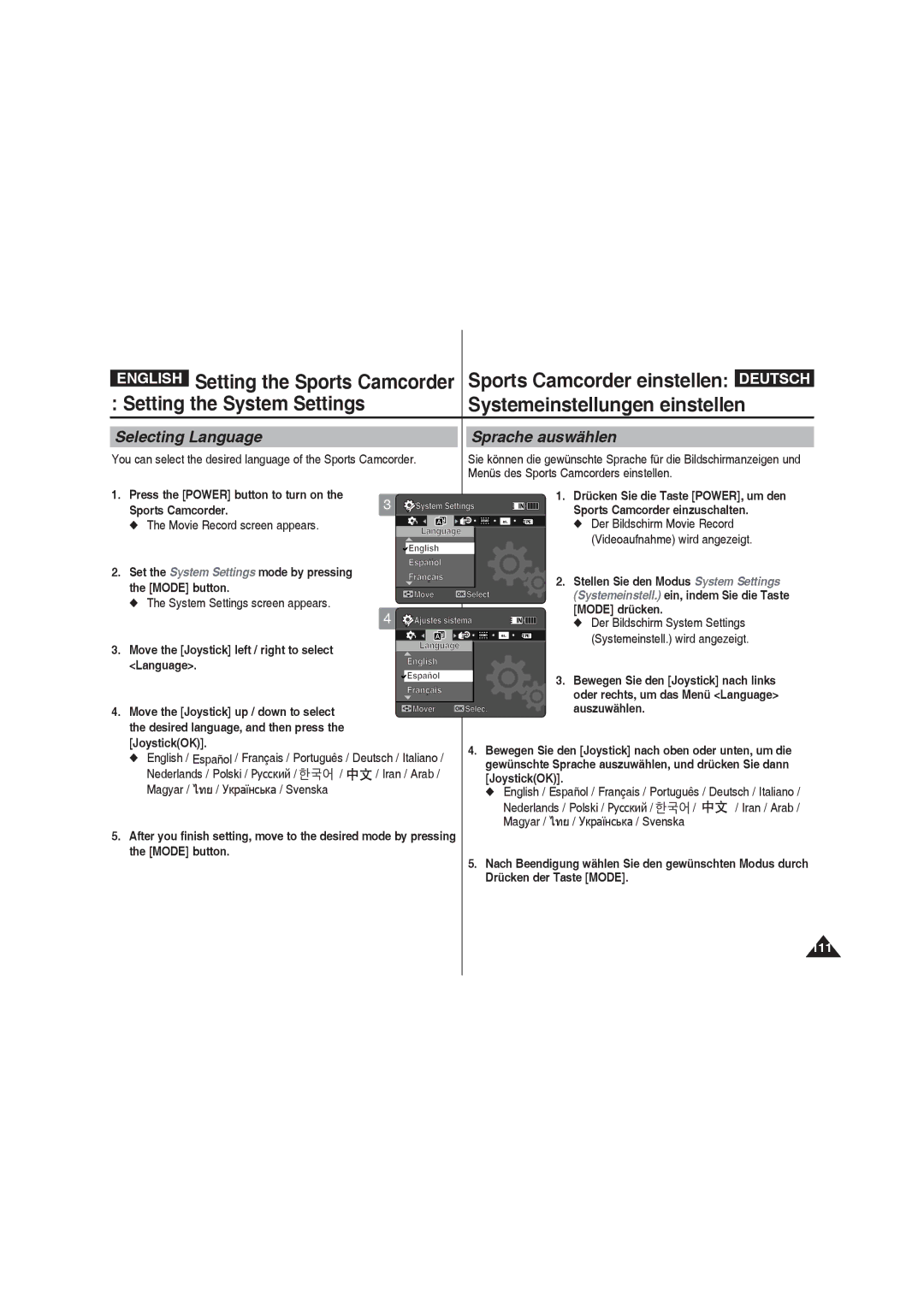 Samsung VP-X220L/XET Selecting Language, Sprache auswählen, You can select the desired language of the Sports Camcorder 