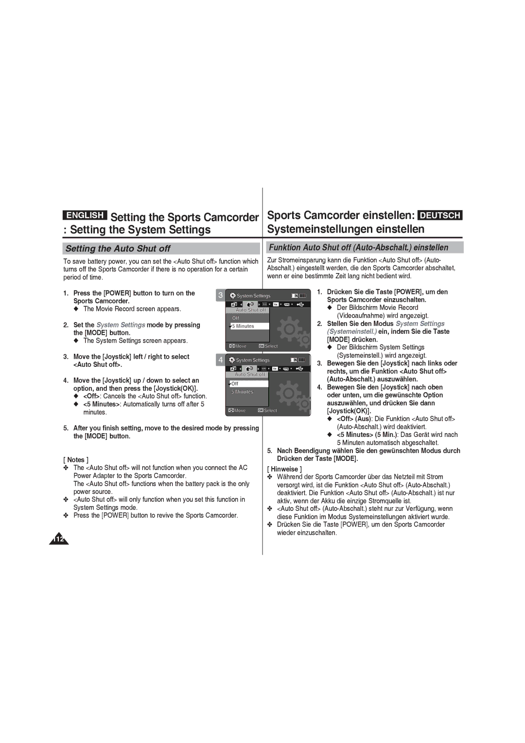 Samsung VP-X210L/MEA, VP-X210L/XEF Setting the System Settings Systemeinstellungen einstellen, Setting the Auto Shut off 