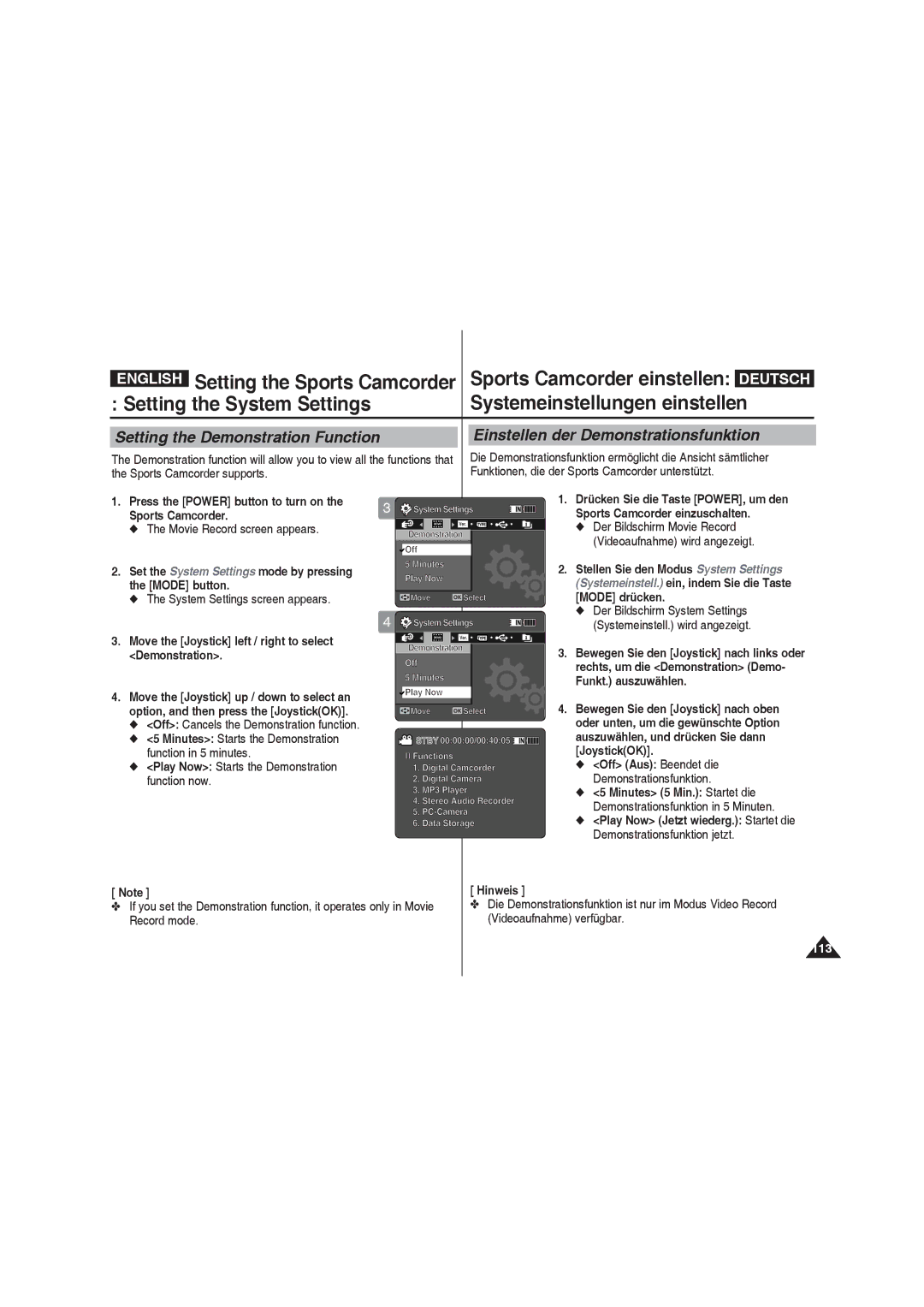 Samsung VP-X210L/CHN, VP-X210L/XEF, VP-X220L/XEF manual Setting the Sports Camcorder, Setting the Demonstration Function 