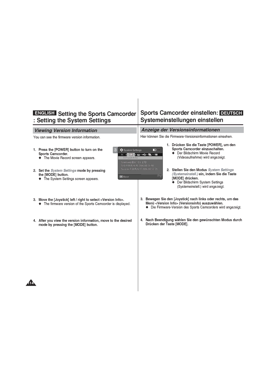 Samsung VP-X210L/EUR You can see the firmware version information, Move the Joystick left / right to select Version Info 