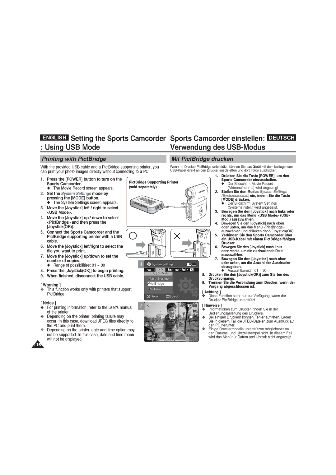 Samsung VP-X210L/XEE manual Printing with PictBridge Mit PictBridge drucken, Sports Camcorder, Range of possibilities 01 ~ 