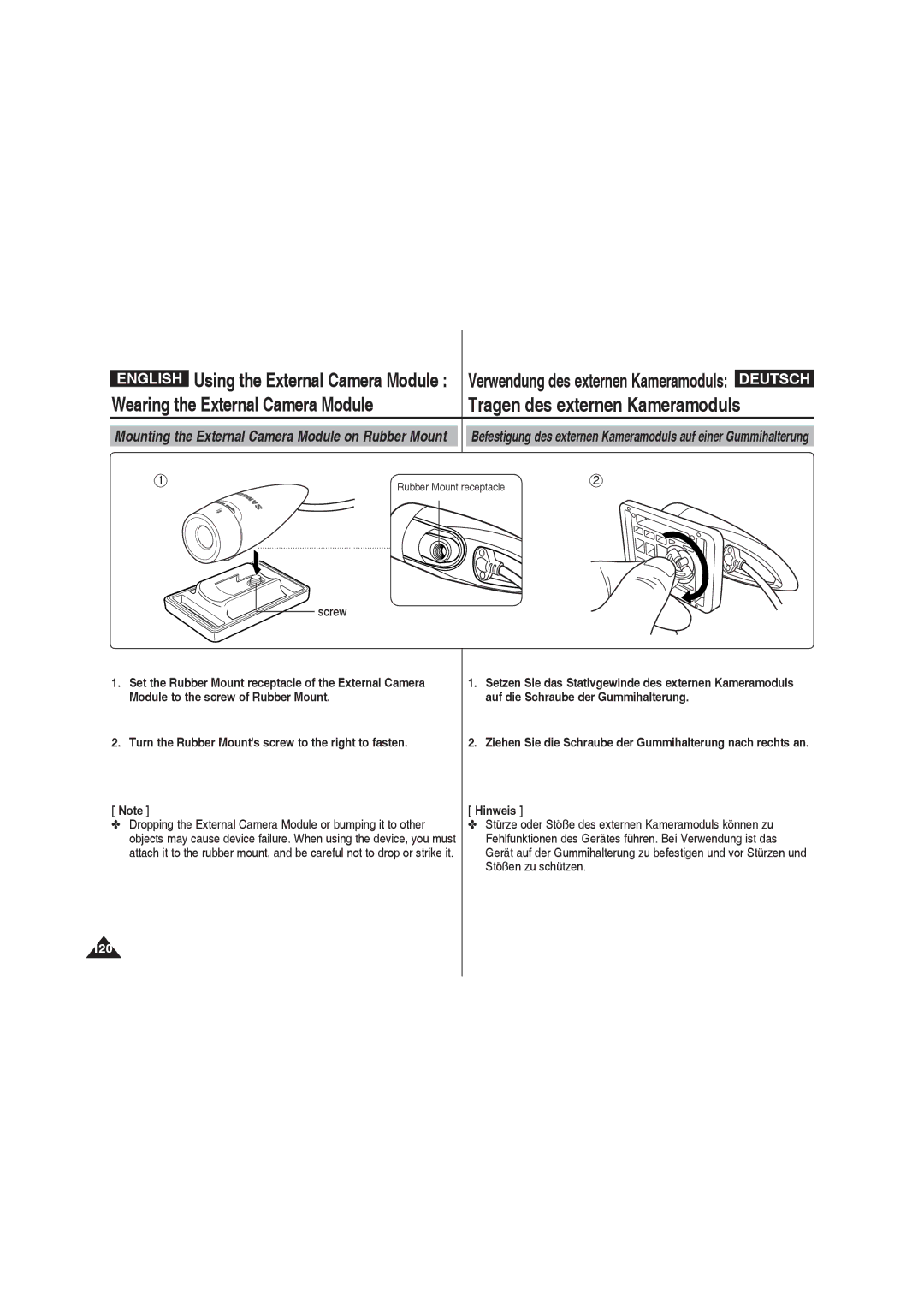 Samsung VP-X220L/XET Tragen des externen Kameramoduls, Using the External Camera Module, Screw, Rubber Mount receptacle 