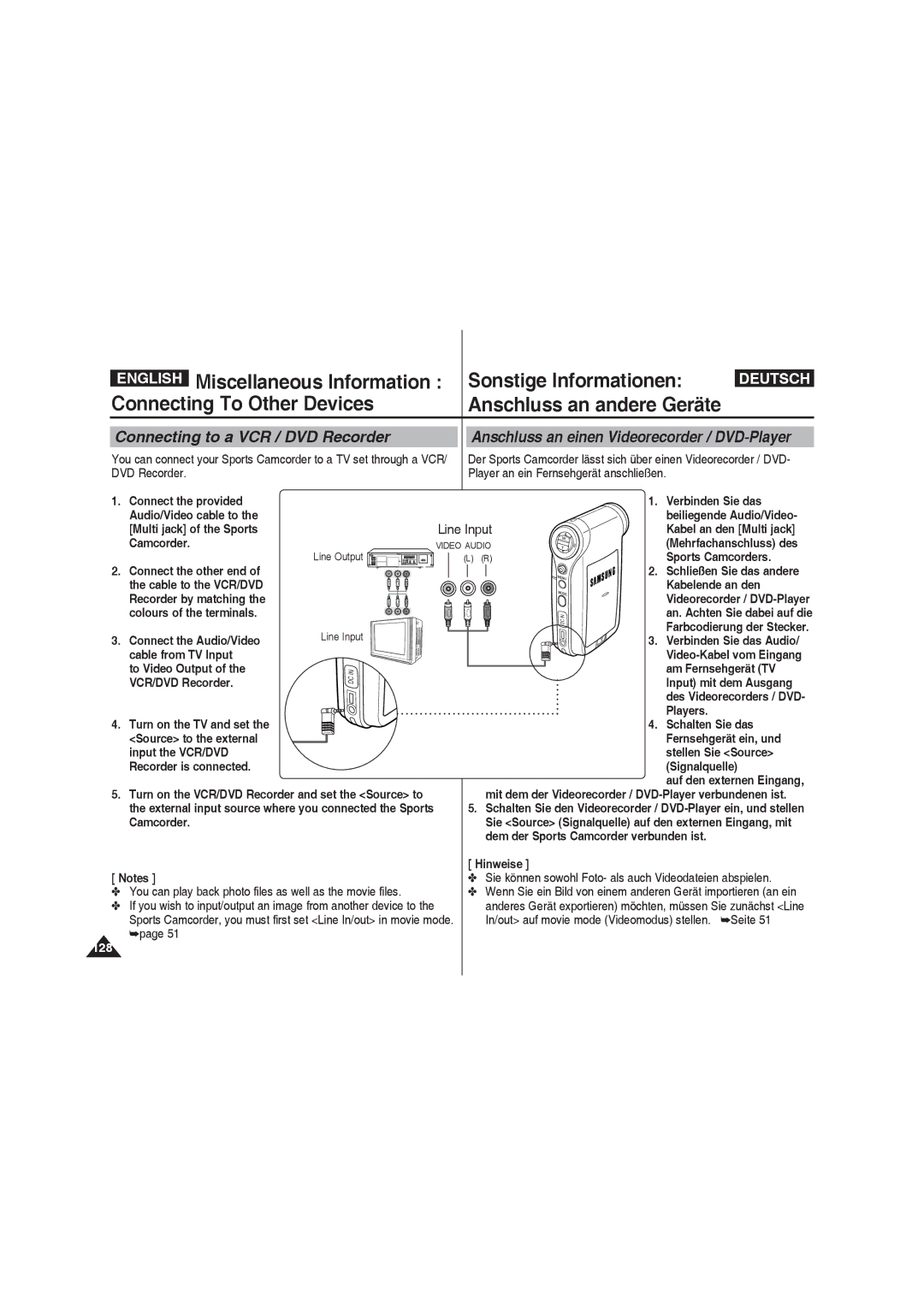 Samsung VP-X210L/XET, VP-X210L/XEF manual Connecting to a VCR / DVD Recorder, Anschluss an einen Videorecorder / DVD-Player 