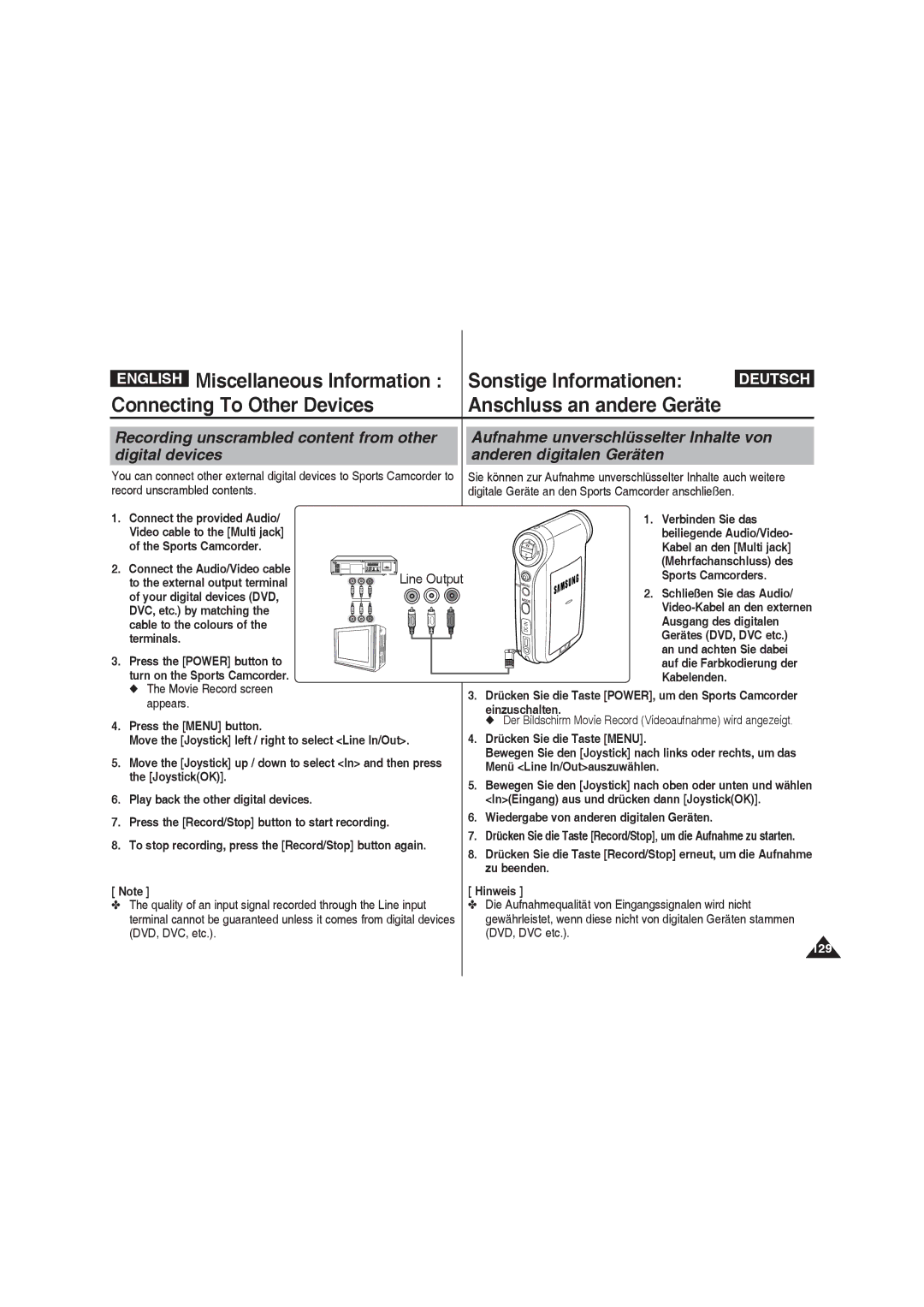 Samsung VP-X220L/XET, VP-X210L/XEF, VP-X220L/XEF, VP-X210L/XET manual Recording unscrambled content from other digital devices 