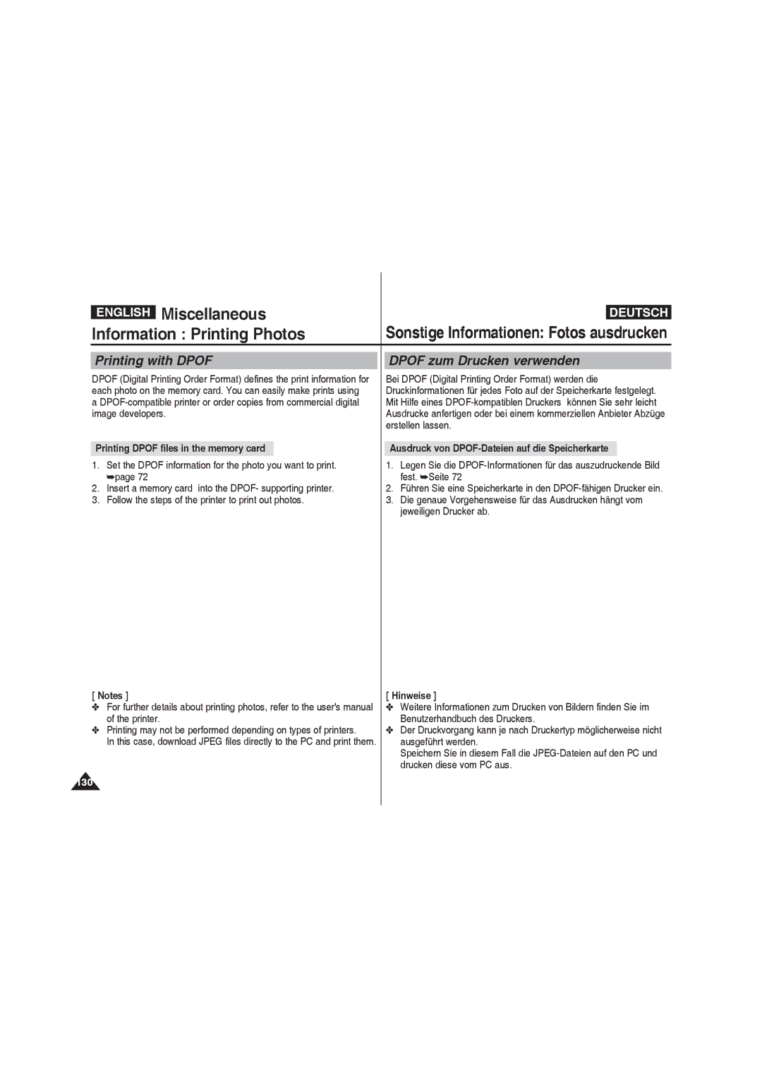 Samsung VP-X210L/MEA manual Miscellaneous, Information Printing Photos, Printing with Dpof Dpof zum Drucken verwenden 