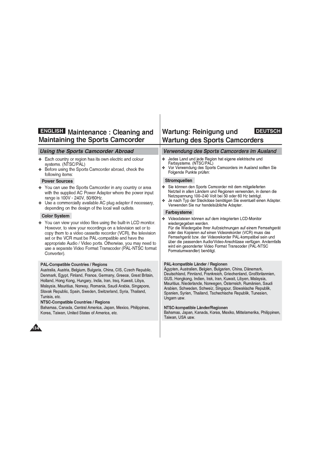 Samsung VP-X210L/XEE, VP-X210L/XEF manual Using the Sports Camcorder Abroad, Verwendung des Sports Camcorders im Ausland 