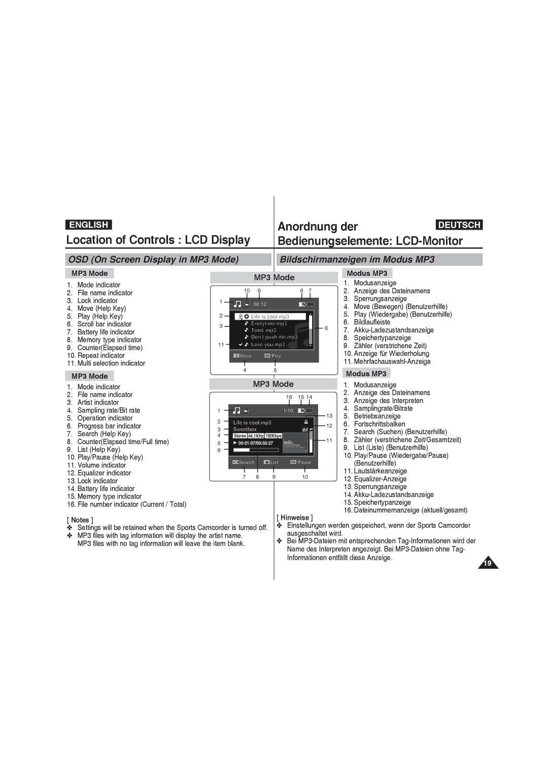 Samsung VP-X220L/XEF, VP-X210L/XEF, VP-X210L/XET, VP-X220L/XET, VP-X210L/MEA, VP-X210L/CHN manual MP3 Mode Modus MP3 