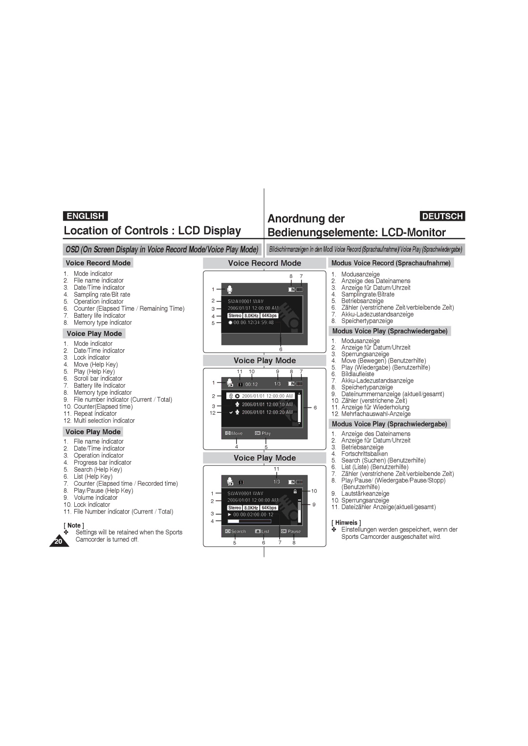 Samsung VP-X210L/XET, VP-X210L/XEF, VP-X220L/XEF manual Voice Record Mode, Voice Play Mode, Modus Voice Record Sprachaufnahme 