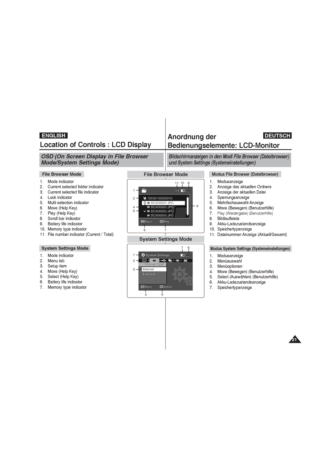 Samsung VP-X220L/XET, VP-X210L/XEF OSD On Screen Display in File Browser, Mode/System Settings Mode, File Browser Mode 