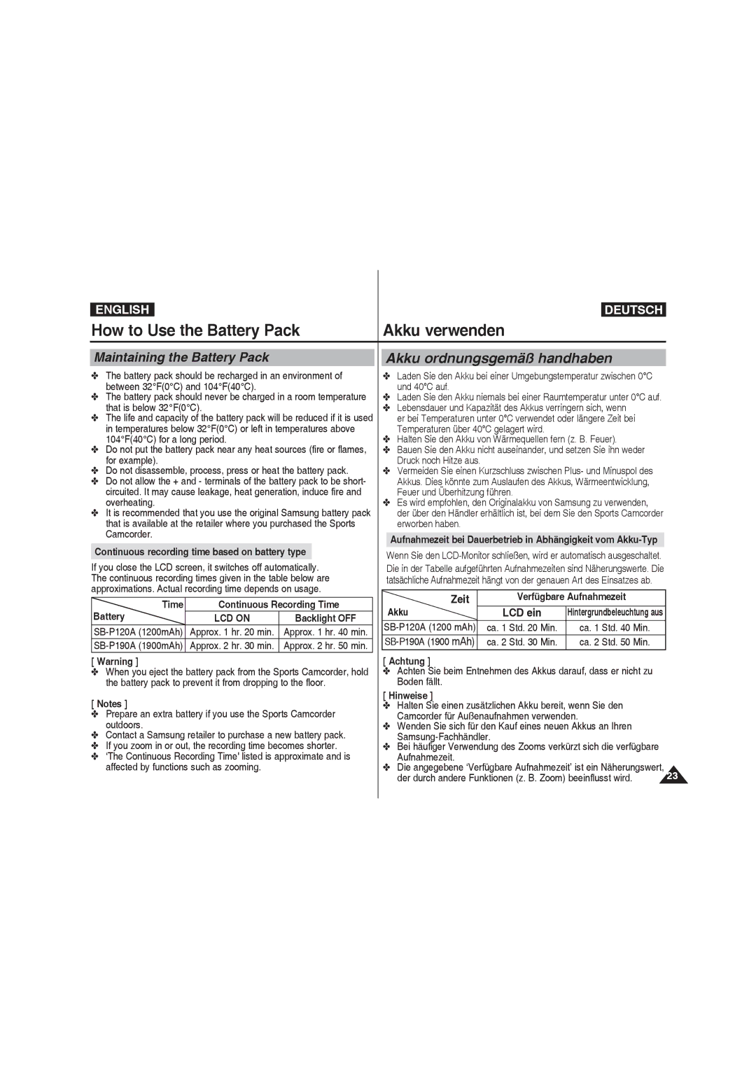 Samsung VP-X210L/CHN, VP-X210L/XEF manual How to Use the Battery Pack Akku verwenden, Maintaining the Battery Pack, Zeit 