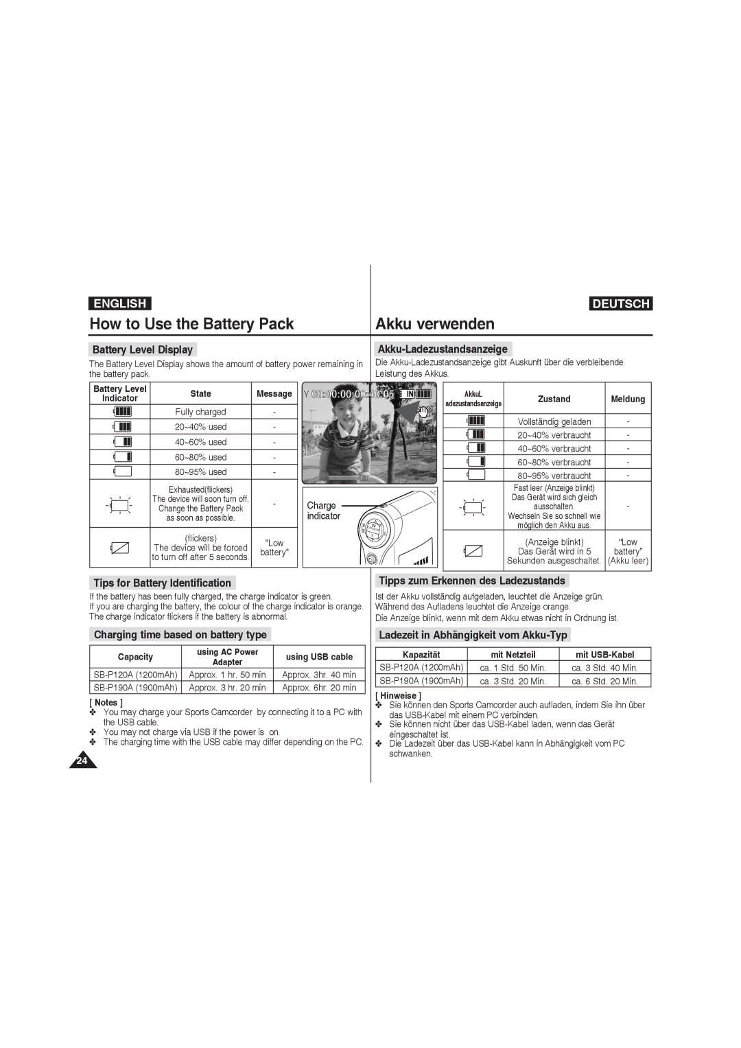 Samsung VP-X210L/EUR manual Battery Level Display, Akku-Ladezustandsanzeige, Recording, Tips for Battery Identification 