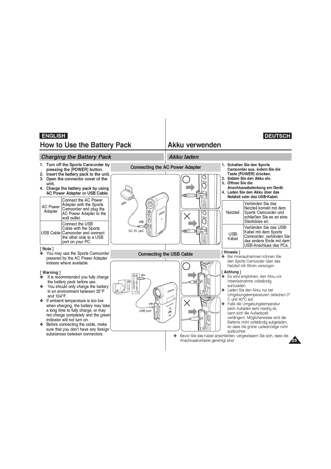 Samsung VP-X220L/XEO, VP-X210L/XEF, VP-X220L/XEF manual How to Use the Battery Pack, Akku laden, Connecting the USB Cable 