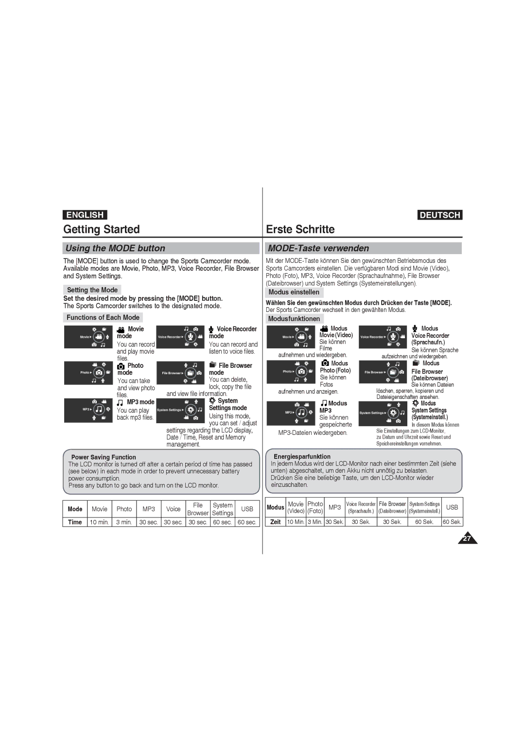 Samsung VP-X210L/XEF, VP-X220L/XEF Using the Mode button, MODE-Taste verwenden, Setting the Mode, Functions of Each Mode 