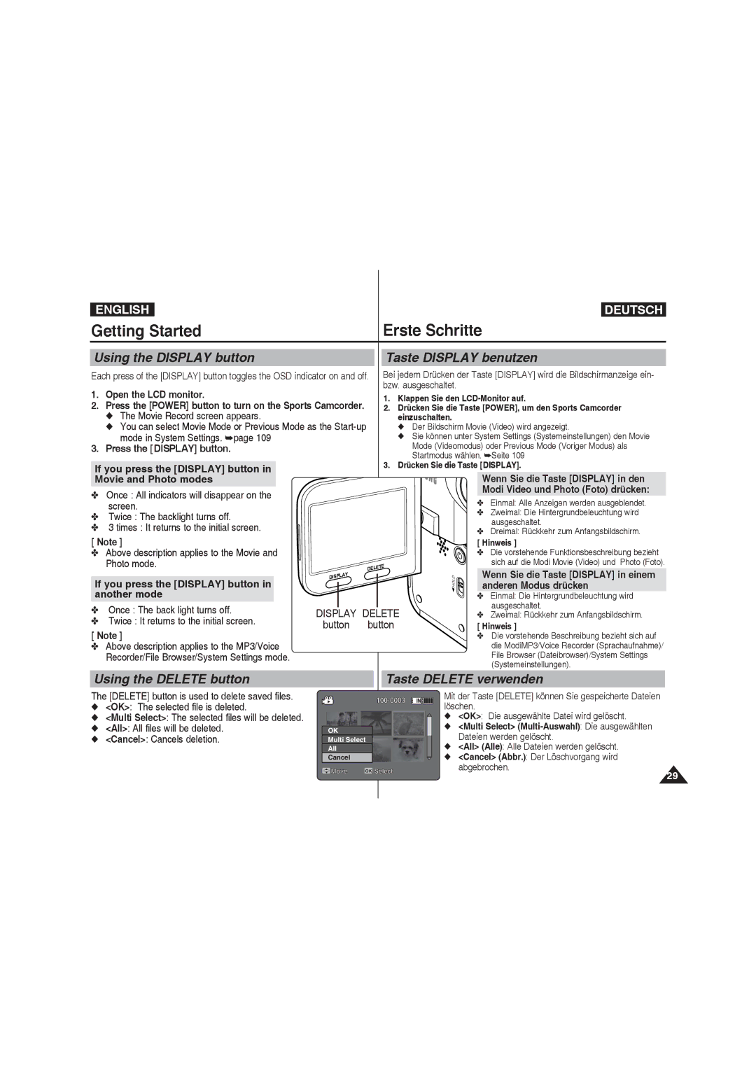 Samsung VP-X210L/XET Using the Display button, Taste Display benutzen, Using the Delete button, Taste Delete verwenden 