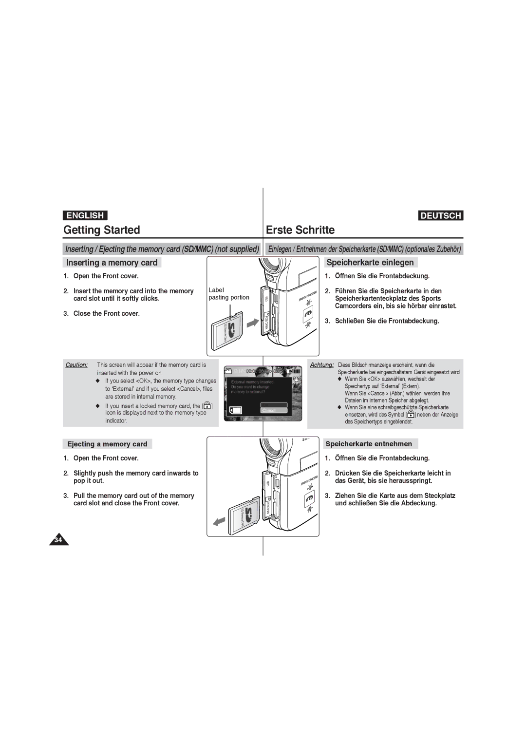 Samsung VP-X220L/XEO, VP-X210L/XEF, VP-X220L/XEF Open the Front cover, Close the Front cover, Öffnen Sie die Frontabdeckung 