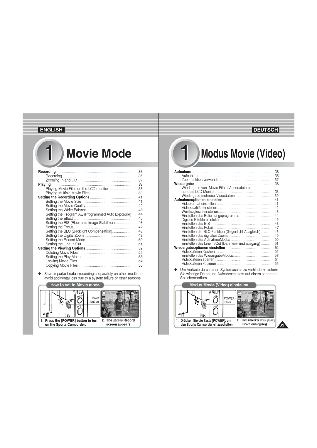 Samsung VP-X210L/XEE, VP-X210L/XEF, VP-X220L/XEF, VP-X210L/XET manual Movie Mode, Wiedergabe von Movie Files Videodateien 