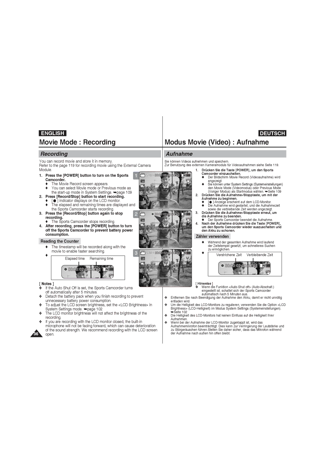 Samsung VP-X210L/XEF, VP-X220L/XEF, VP-X210L/XET manual Movie Mode Recording Modus Movie Video Aufnahme, Recording Aufnahme 