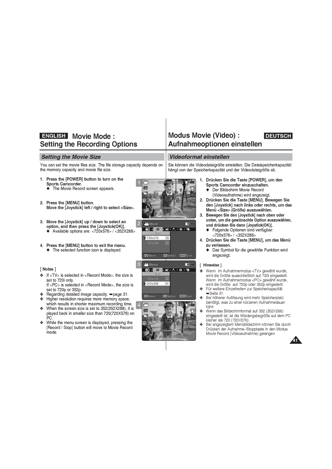 Samsung VP-X210L/CHN, VP-X210L/XEF Movie Mode Modus Movie Video, Setting the Recording Options, Setting the Movie Size 