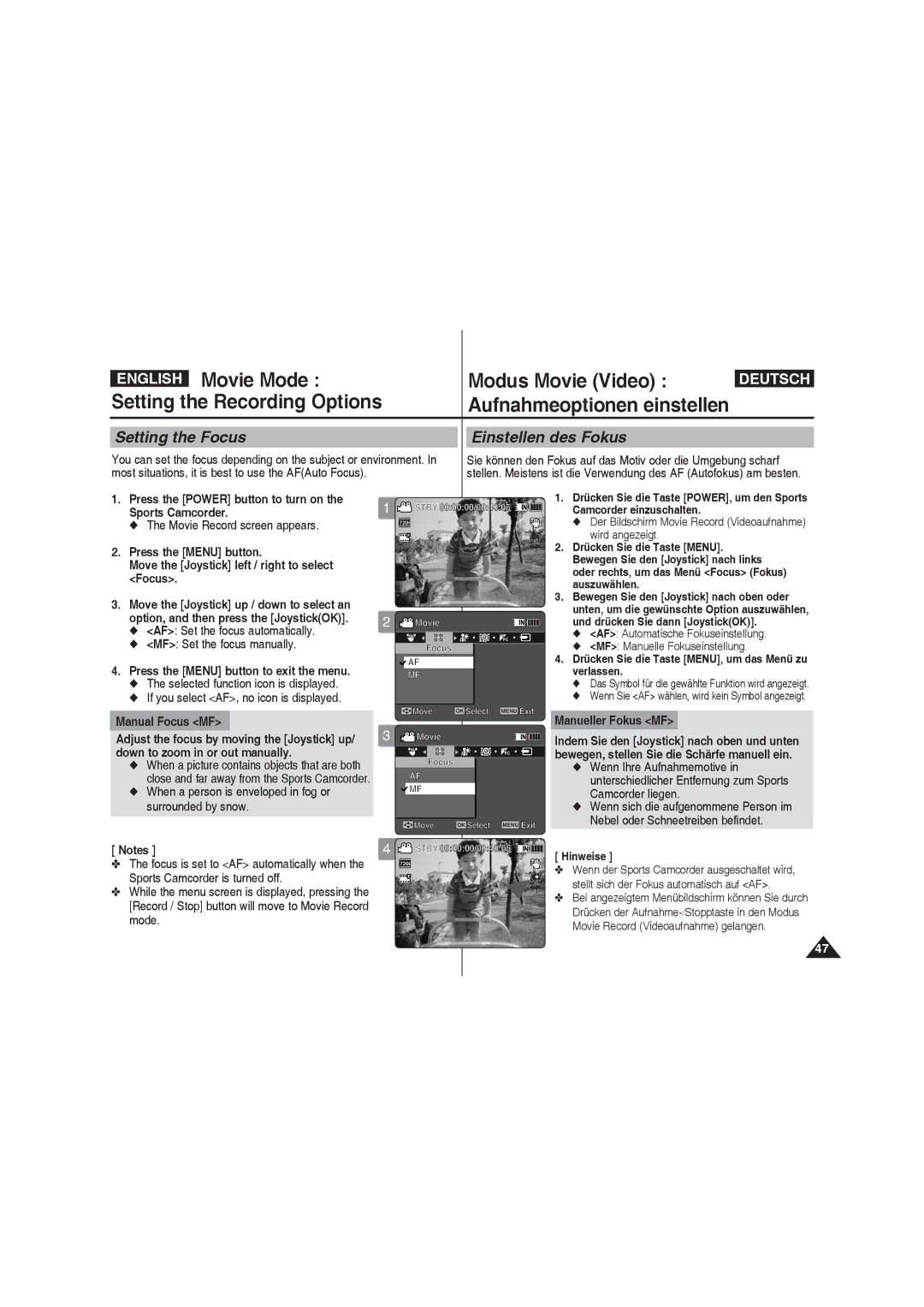 Samsung VP-X210L/XET Setting the Focus, Einstellen des Fokus, AF Set the focus automatically MF Set the focus manually 