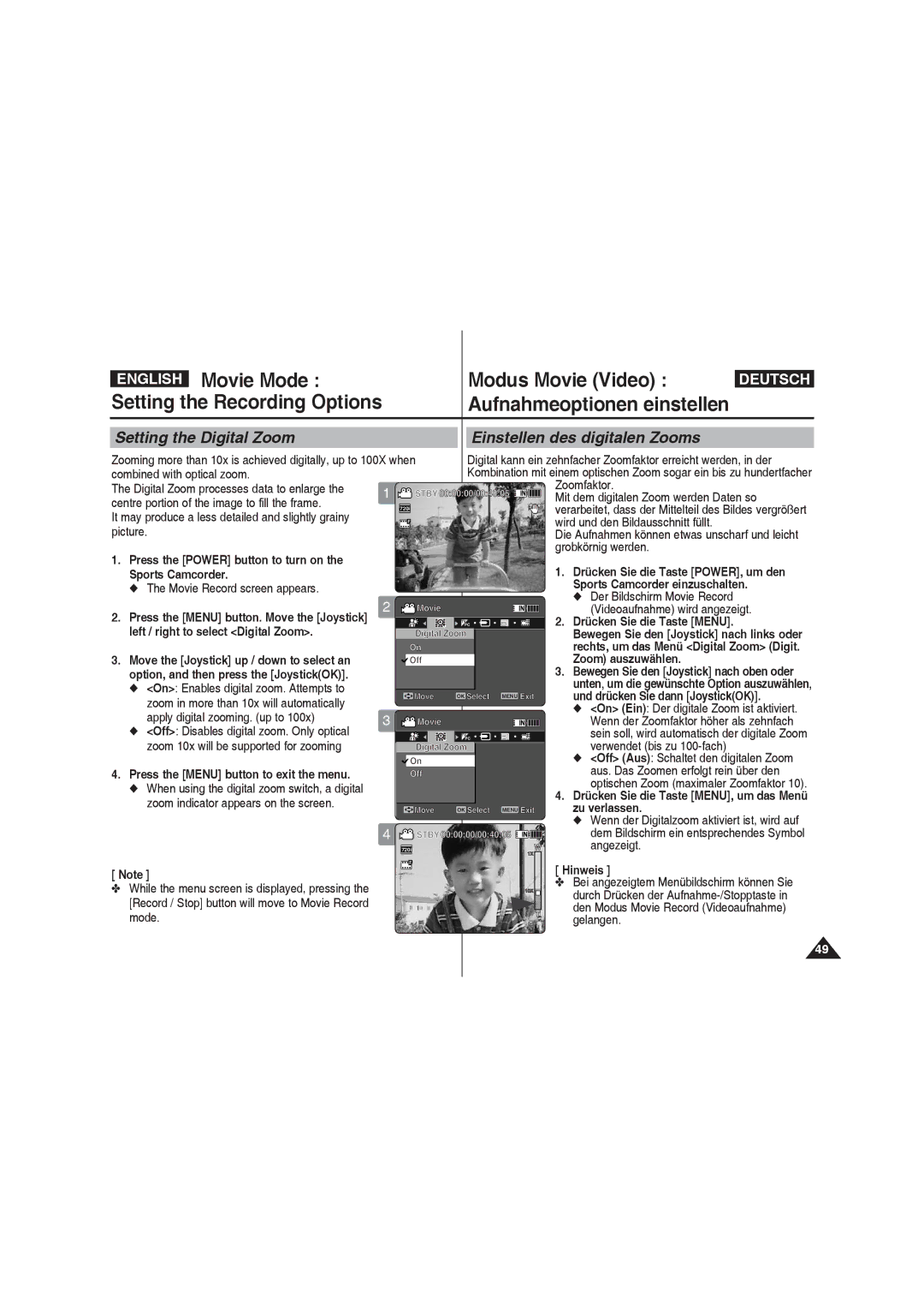 Samsung VP-X210L/MEA manual Setting the Digital Zoom Einstellen des digitalen Zooms, Left / right to select Digital Zoom 