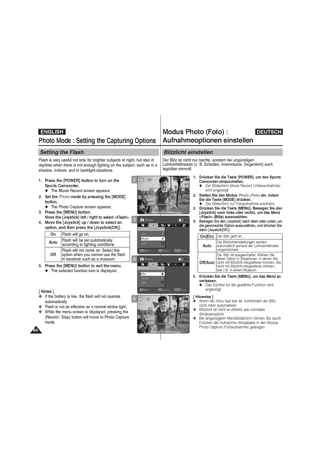 Samsung VP-X220L/XEF, VP-X210L/XEF, VP-X210L/XET, VP-X220L/XET, VP-X210L/MEA manual Setting the Flash Blitzlicht einstellen 