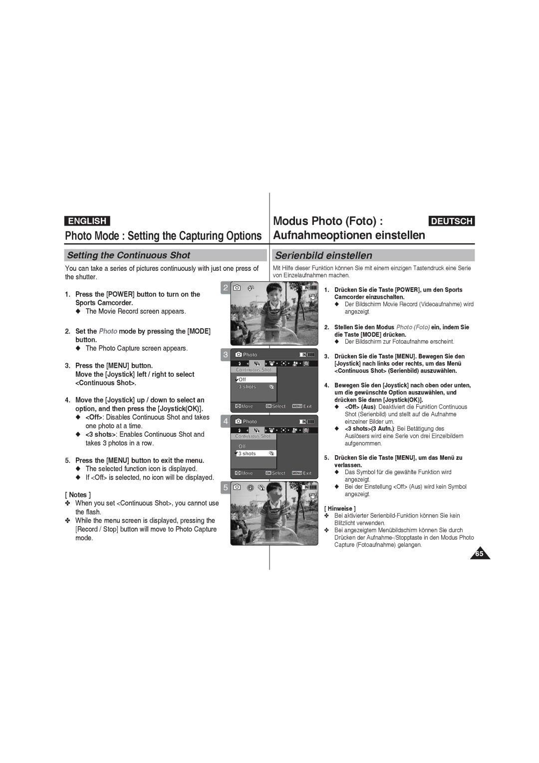 Samsung VP-X210L/XET, VP-X210L/XEF manual Setting the Continuous Shot, One photo at a time, Takes 3 photos in a row, Flash 