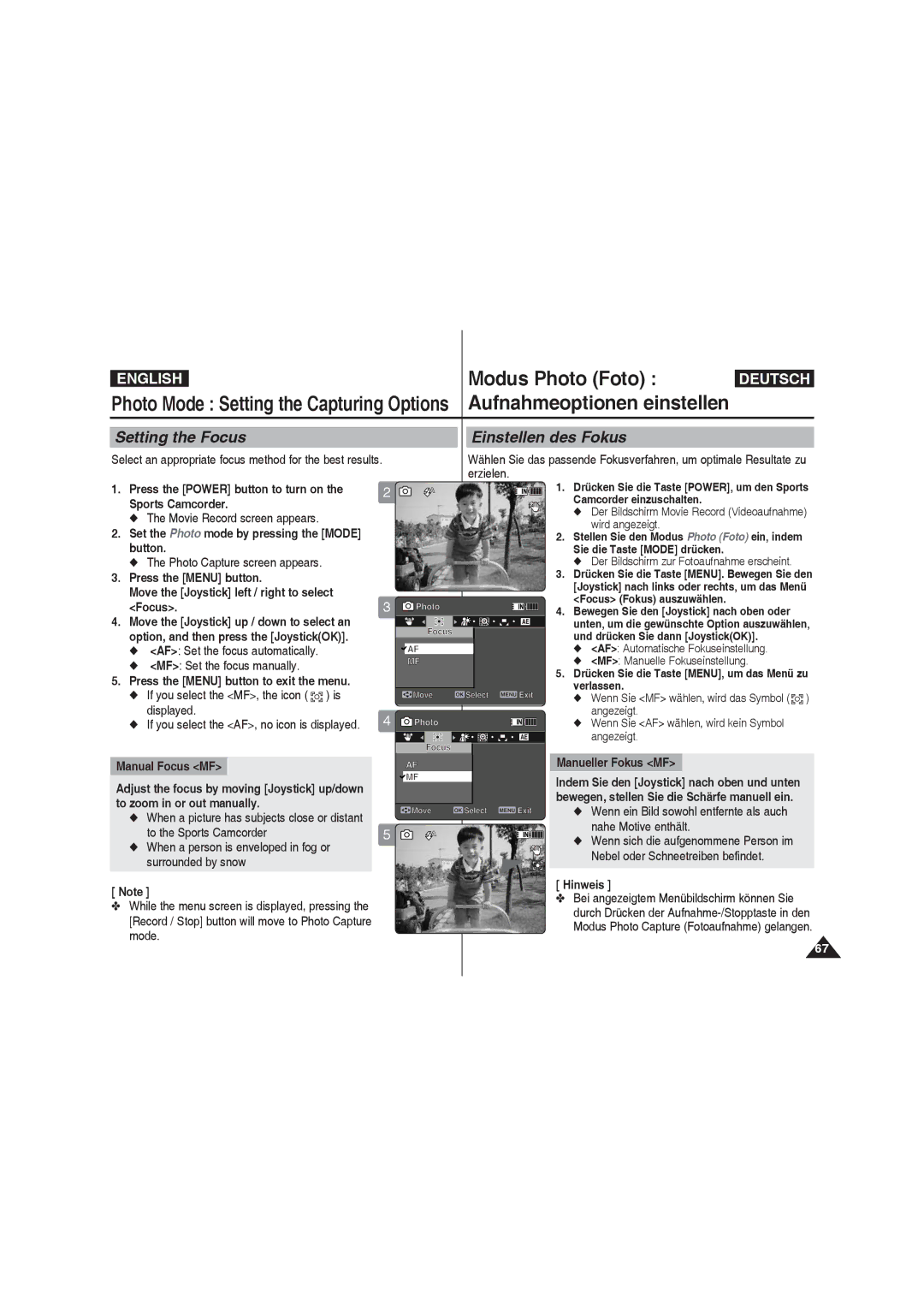 Samsung VP-X210L/MEA Setting the Focus Einstellen des Fokus, To zoom in or out manually, To the Sports Camcorder 