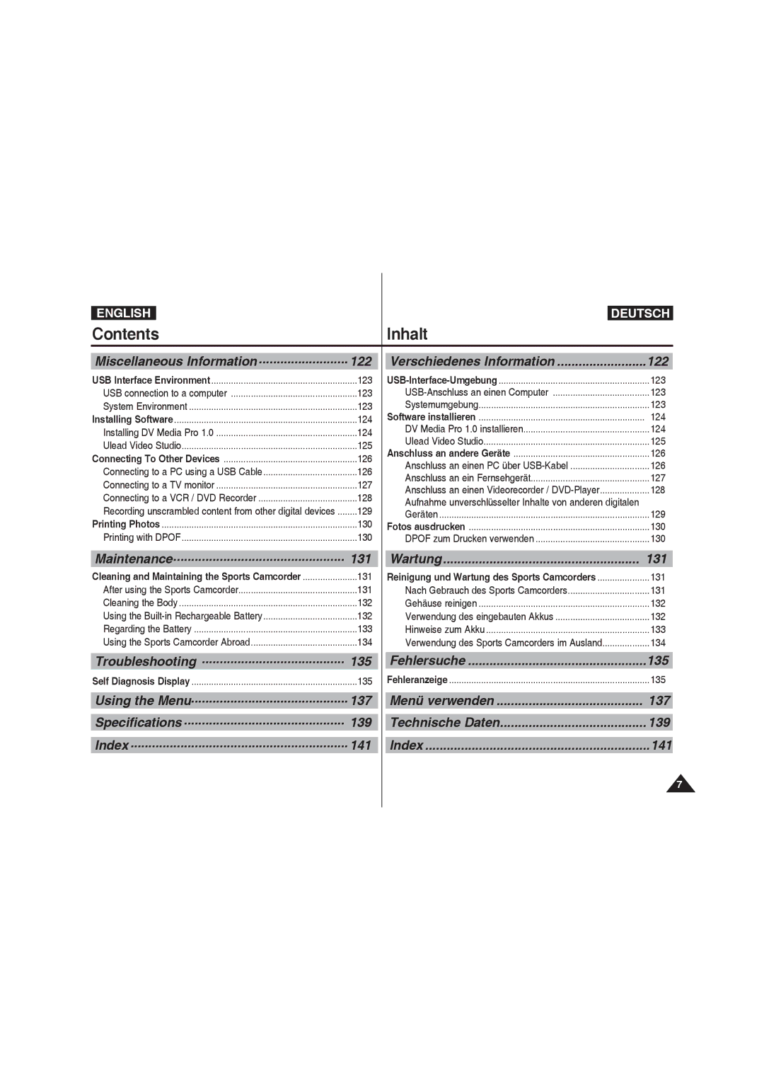 Samsung VP-X220L/XEO, VP-X210L/XEF, VP-X220L/XEF Verschiedenes Information 122, 131, 135, 137, Using the Menu, 139, 141 