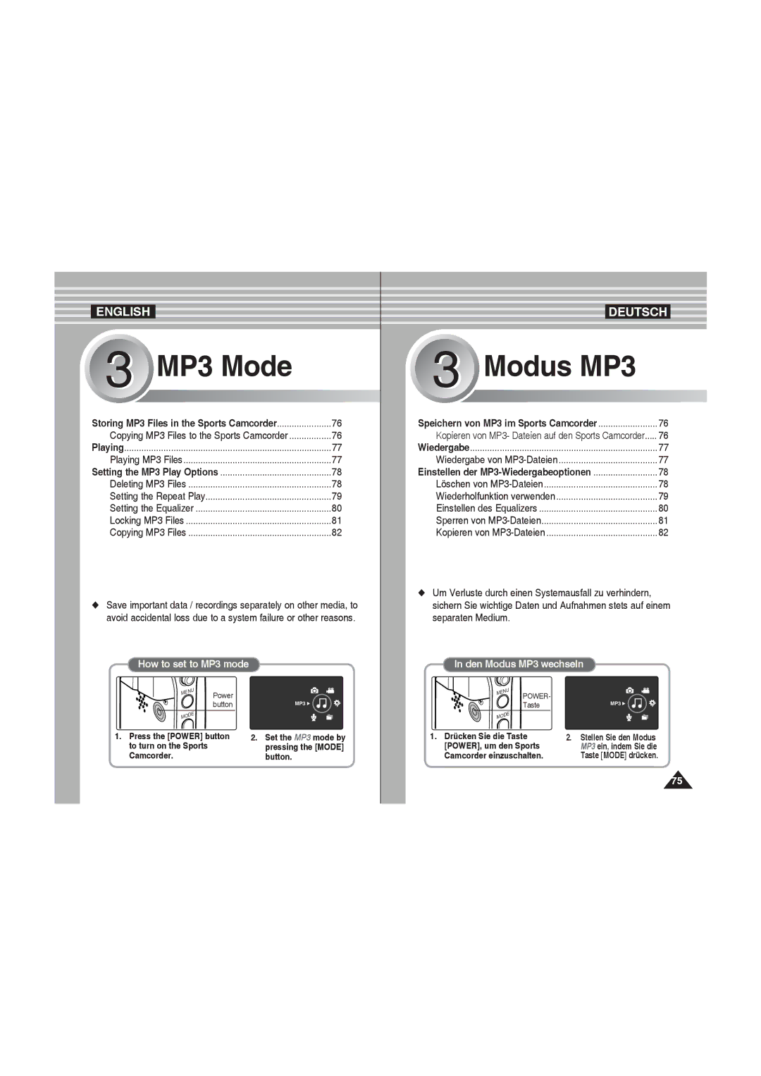 Samsung VP-X220L/XET, VP-X210L/XEF, VP-X220L/XEF manual Copying MP3 Files to the Sports Camcorder, Wiedergabe von MP3-Dateien 