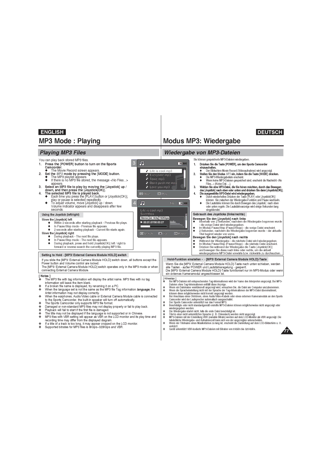 Samsung VP-X210L/CHN, VP-X210L/XEF MP3 Mode Playing Modus MP3 Wiedergabe, Playing MP3 Files Wiedergabe von MP3-Dateien 