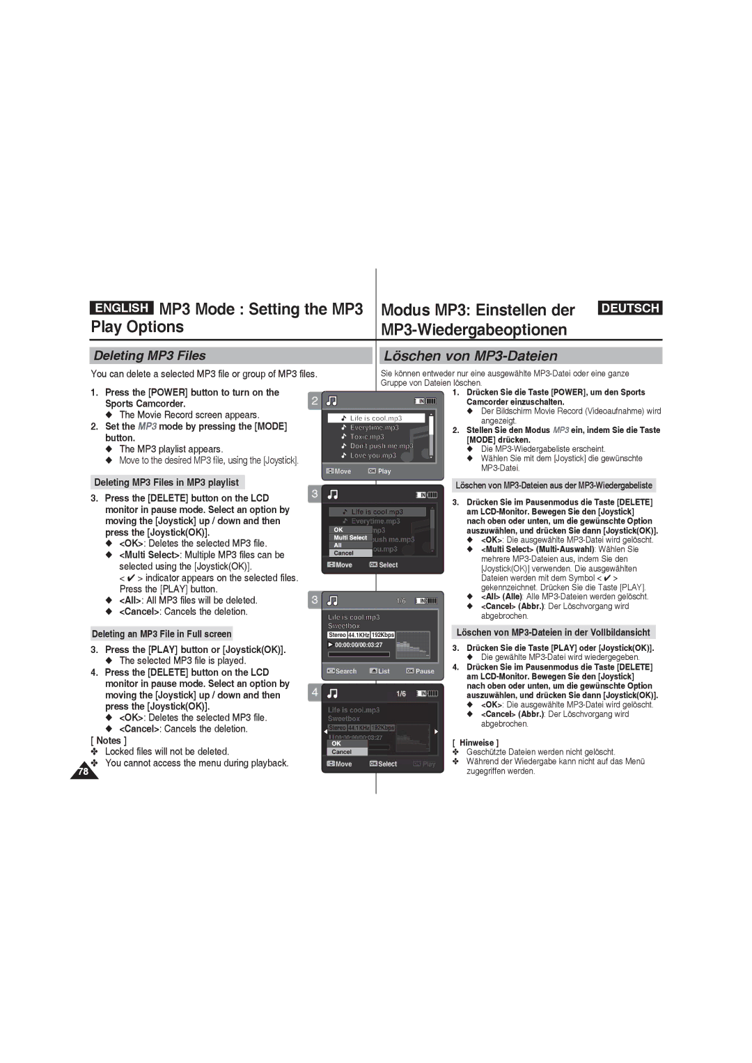 Samsung VP-X210L/EUR, VP-X210L/XEF manual MP3 Mode Setting the MP3, Play Options MP3-Wiedergabeoptionen, Deleting MP3 Files 