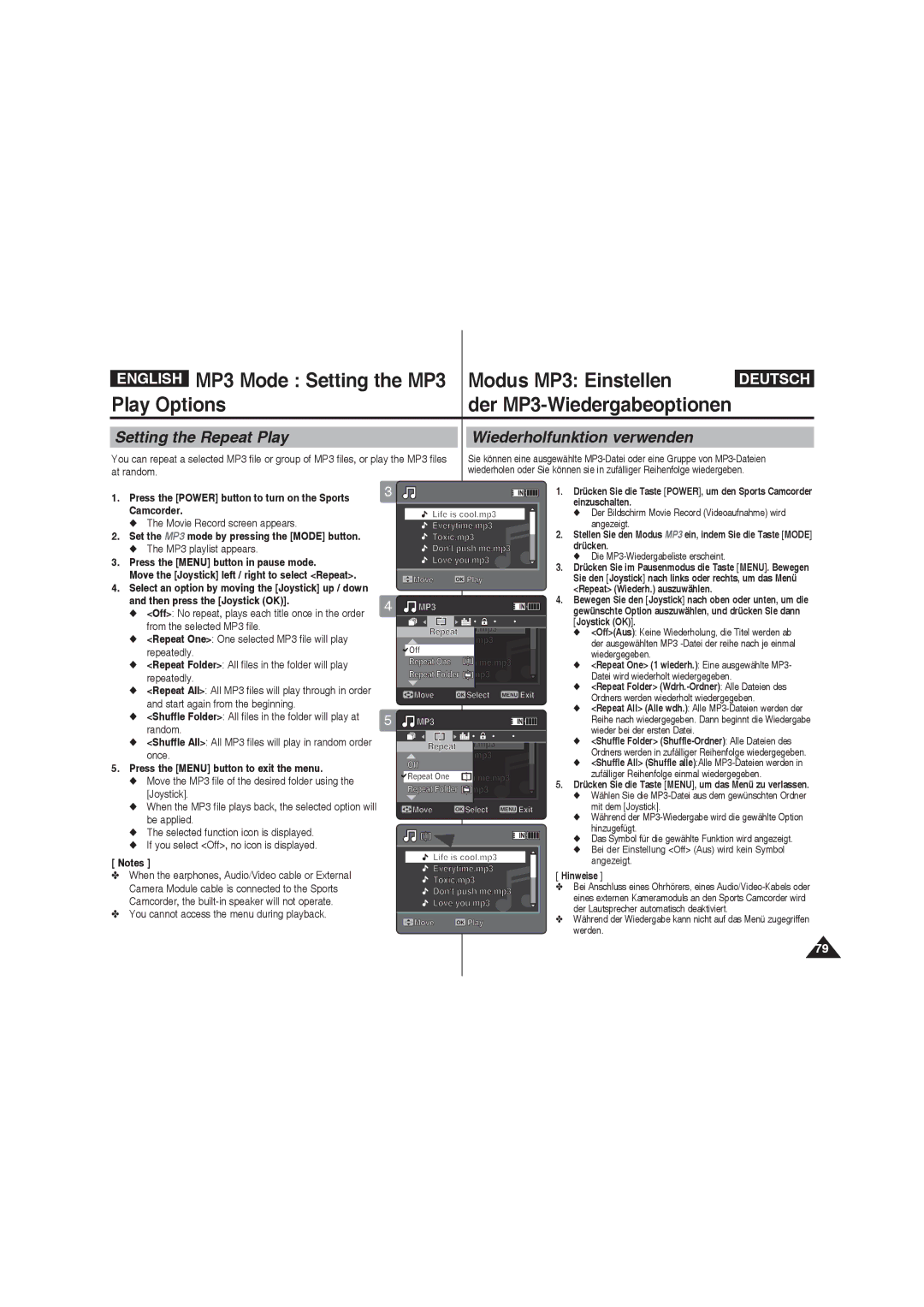 Samsung VP-X220L/XEO, VP-X210L/XEF manual MP3 Mode Setting the MP3 Modus MP3 Einstellen Play Options, MP3 playlist appears 