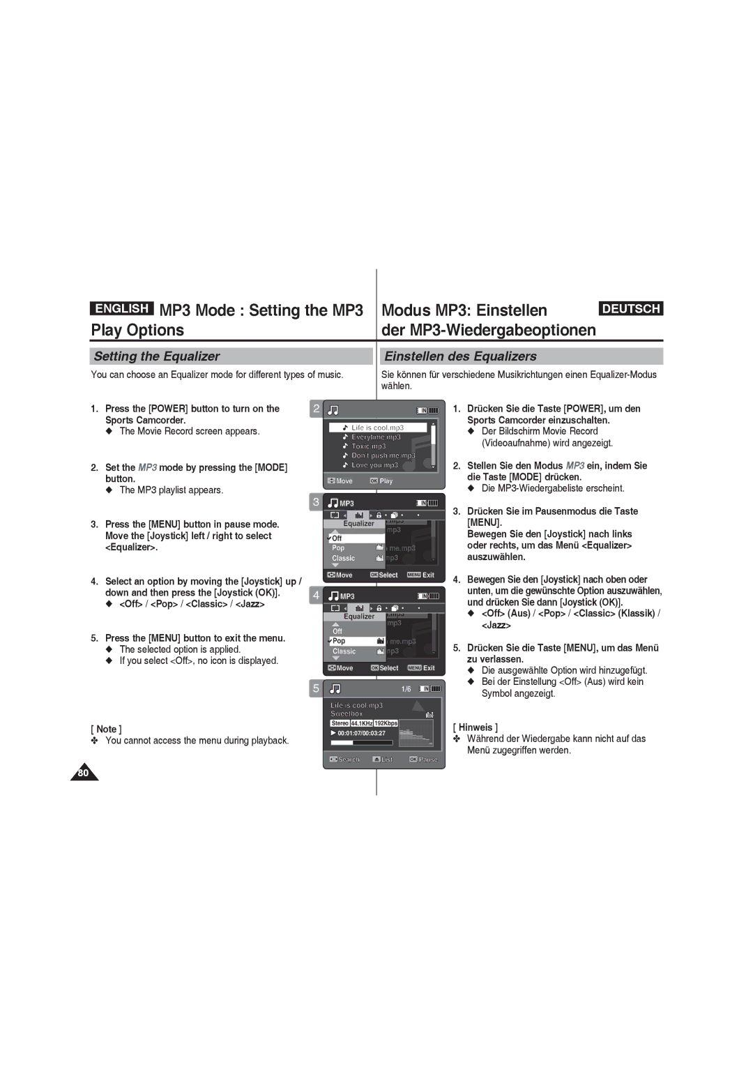 Samsung VP-X210L/XEE, VP-X210L/XEF, VP-X220L/XEF, VP-X210L/XET, VP-X220L/XET Setting the Equalizer, Einstellen des Equalizers 