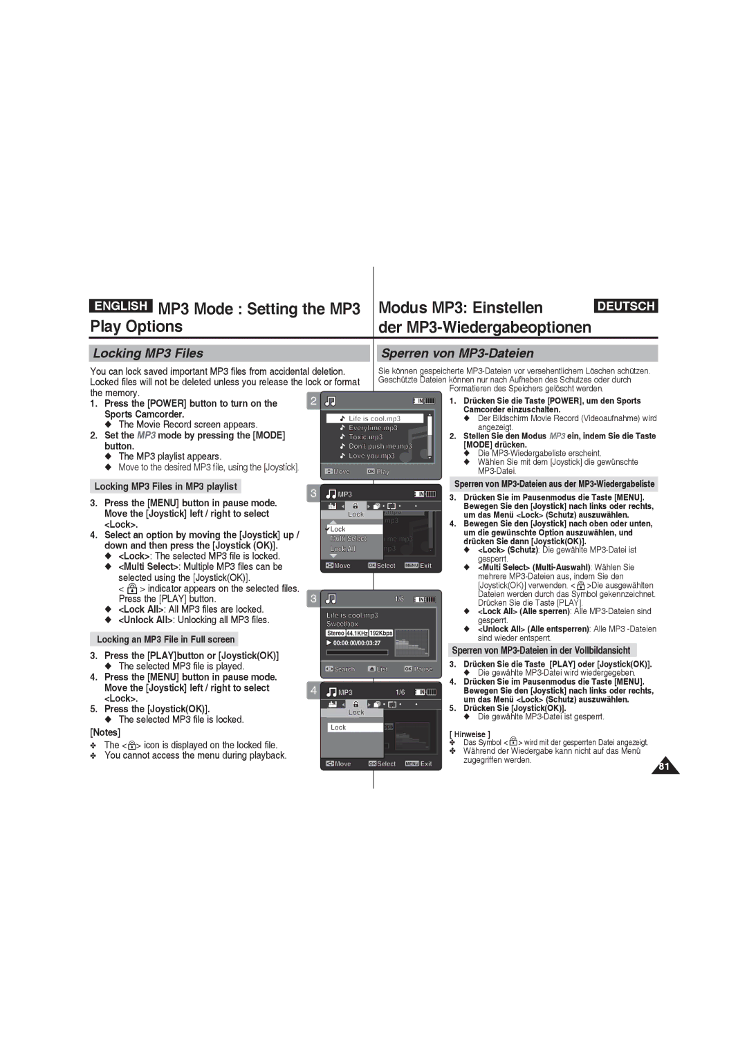 Samsung VP-X210L/XEF, VP-X220L/XEF Locking MP3 Files Sperren von MP3-Dateien, Memory, Lock The selected MP3 file is locked 