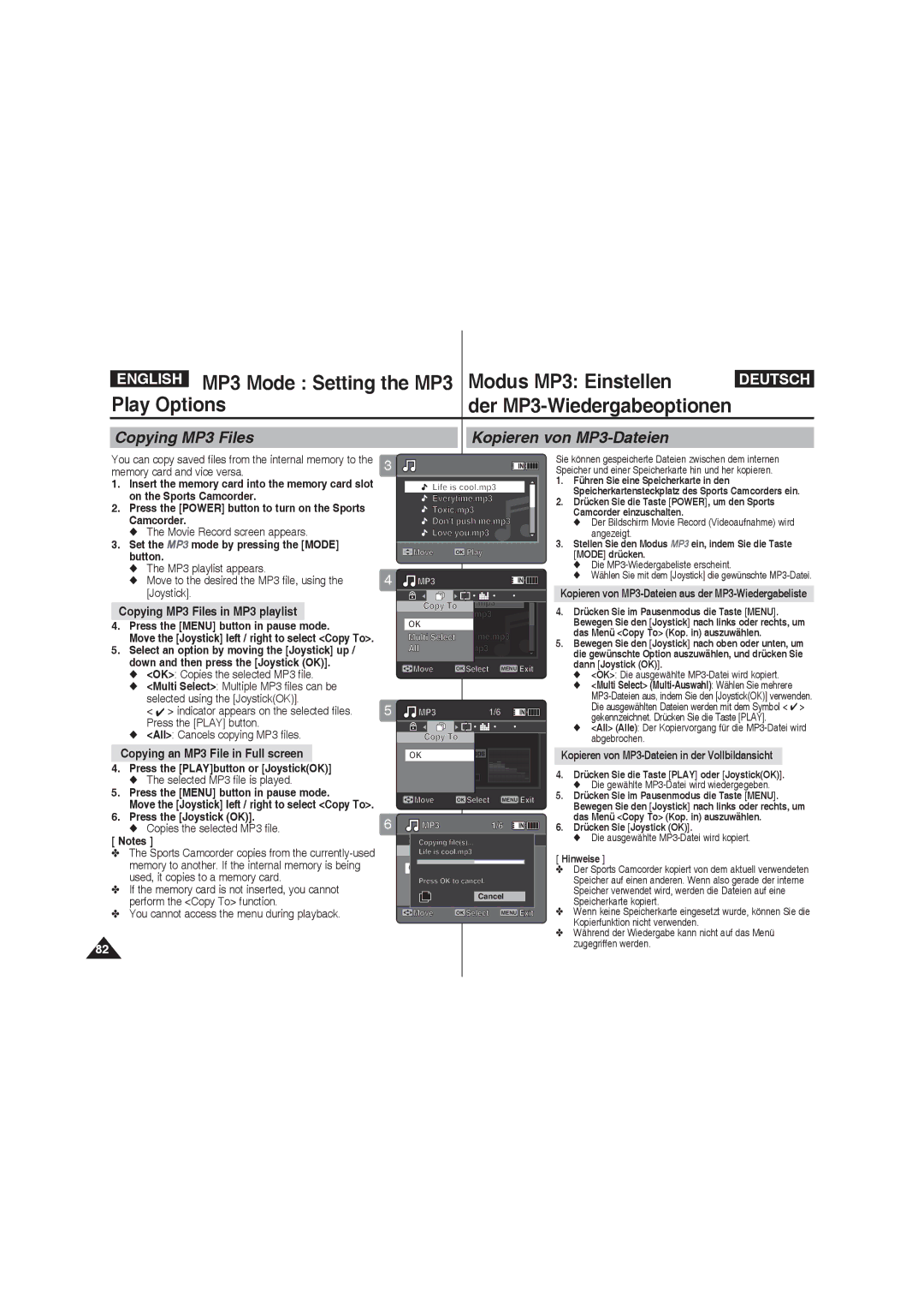 Samsung VP-X220L/XEF, VP-X210L/XEF manual Copying MP3 Files Kopieren von MP3-Dateien, Copying MP3 Files in MP3 playlist 