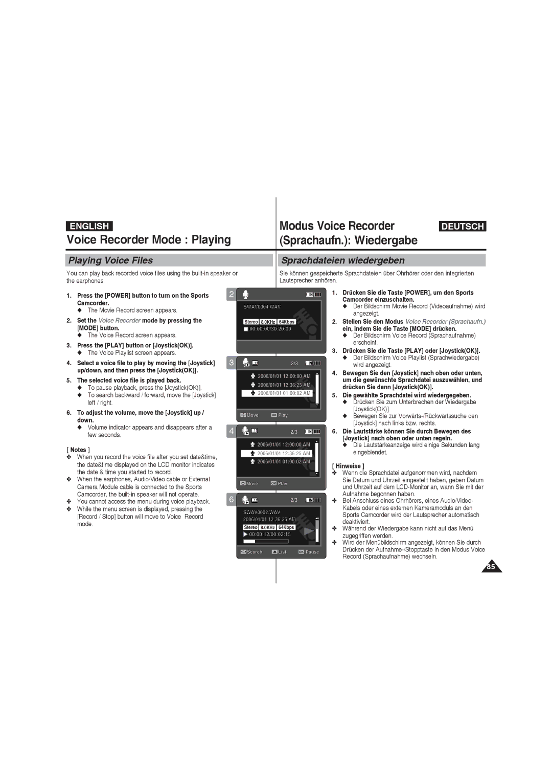 Samsung VP-X210L/MEA, VP-X210L/XEF, VP-X220L/XEF Voice Recorder Mode Playing, Playing Voice Files Sprachdateien wiedergeben 