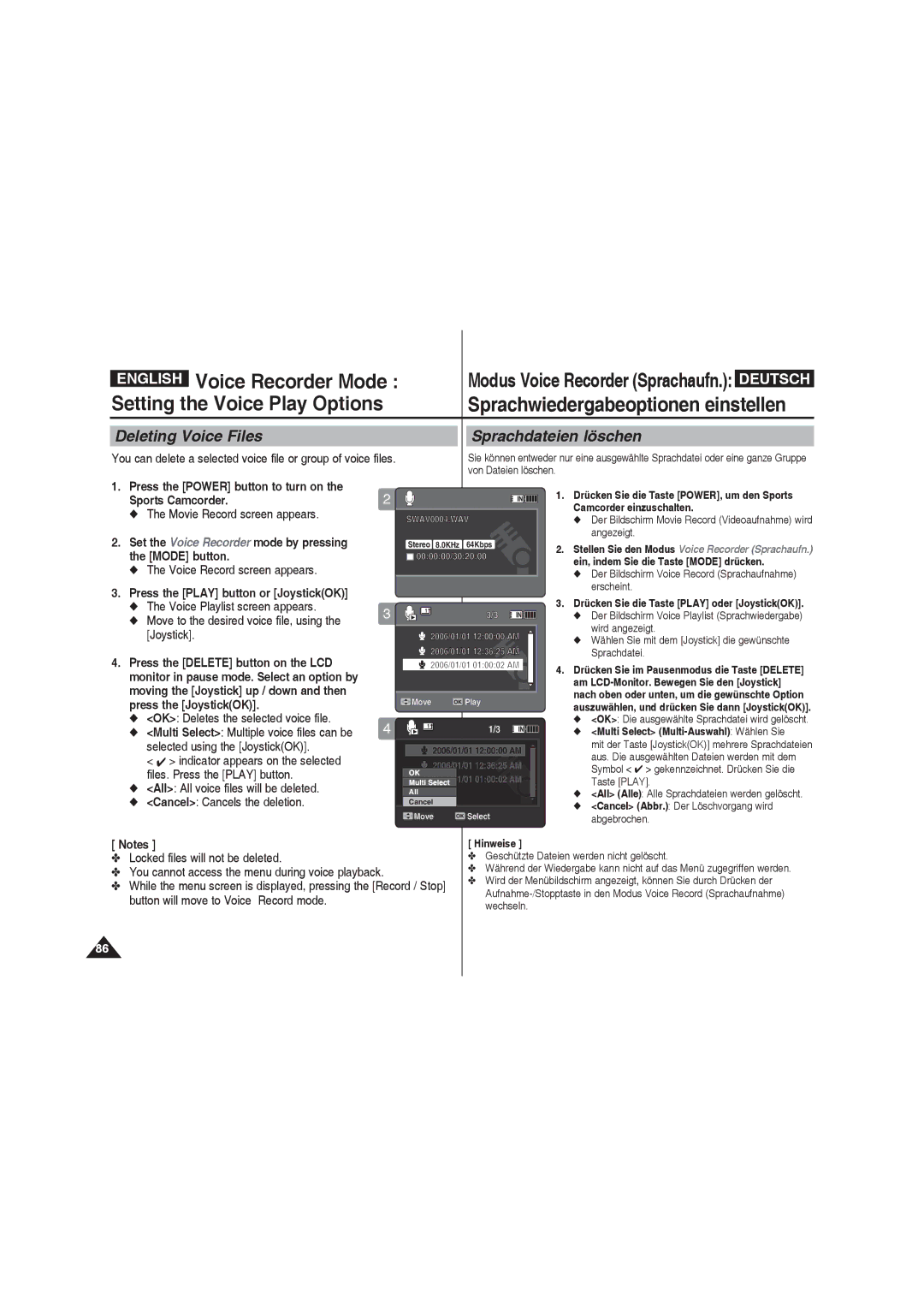 Samsung VP-X210L/CHN Voice Recorder Mode, Deleting Voice Files Sprachdateien löschen, Modus Voice Recorder Sprachaufn 