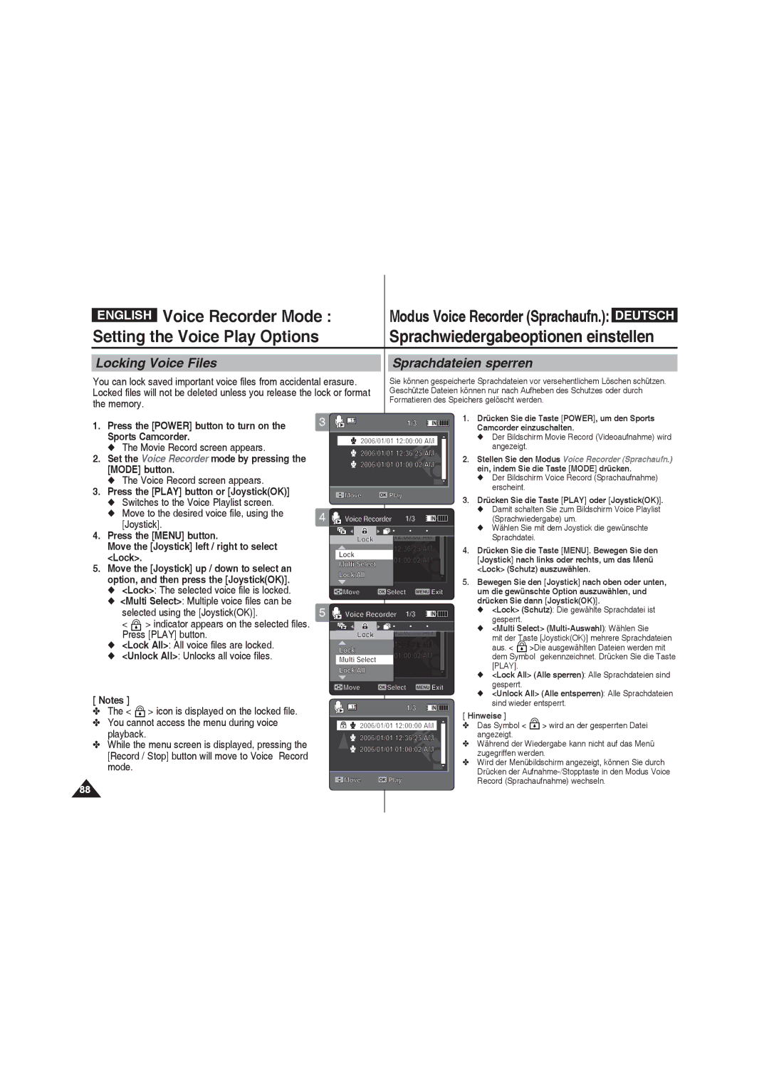 Samsung VP-X220L/XEO, VP-X210L/XEF manual Locking Voice Files Sprachdateien sperren, Lock The selected voice file is locked 