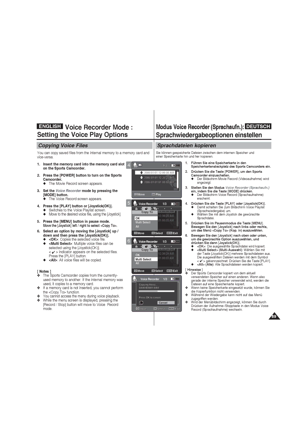 Samsung VP-X210L/XEE Copying Voice Files Sprachdateien kopieren, Set the Voice Recorder mode by pressing the Mode button 