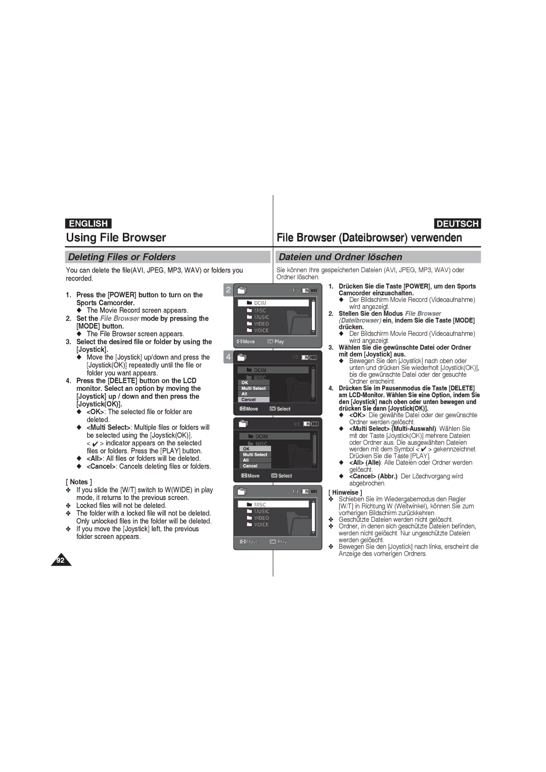 Samsung VP-X210L/XET, VP-X210L/XEF, VP-X220L/XEF Using File Browser, Deleting Files or Folders Dateien und Ordner löschen 