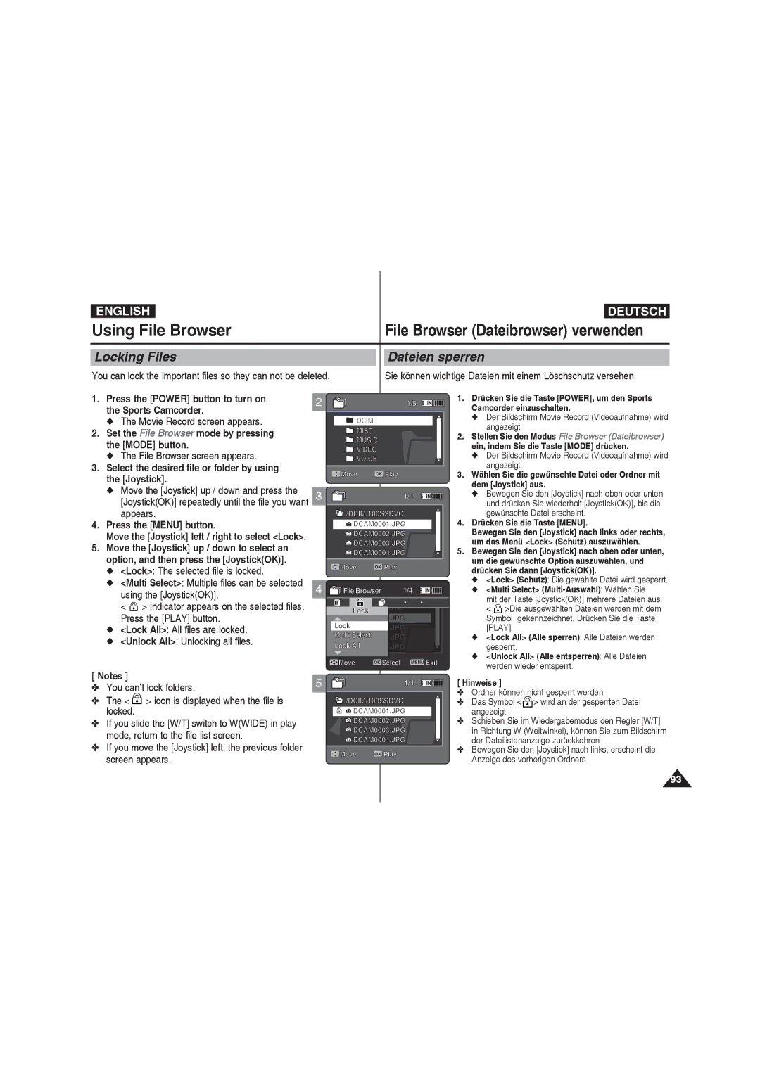 Samsung VP-X220L/XET manual Locking Files, Dateien sperren, You can lock the important files so they can not be deleted 