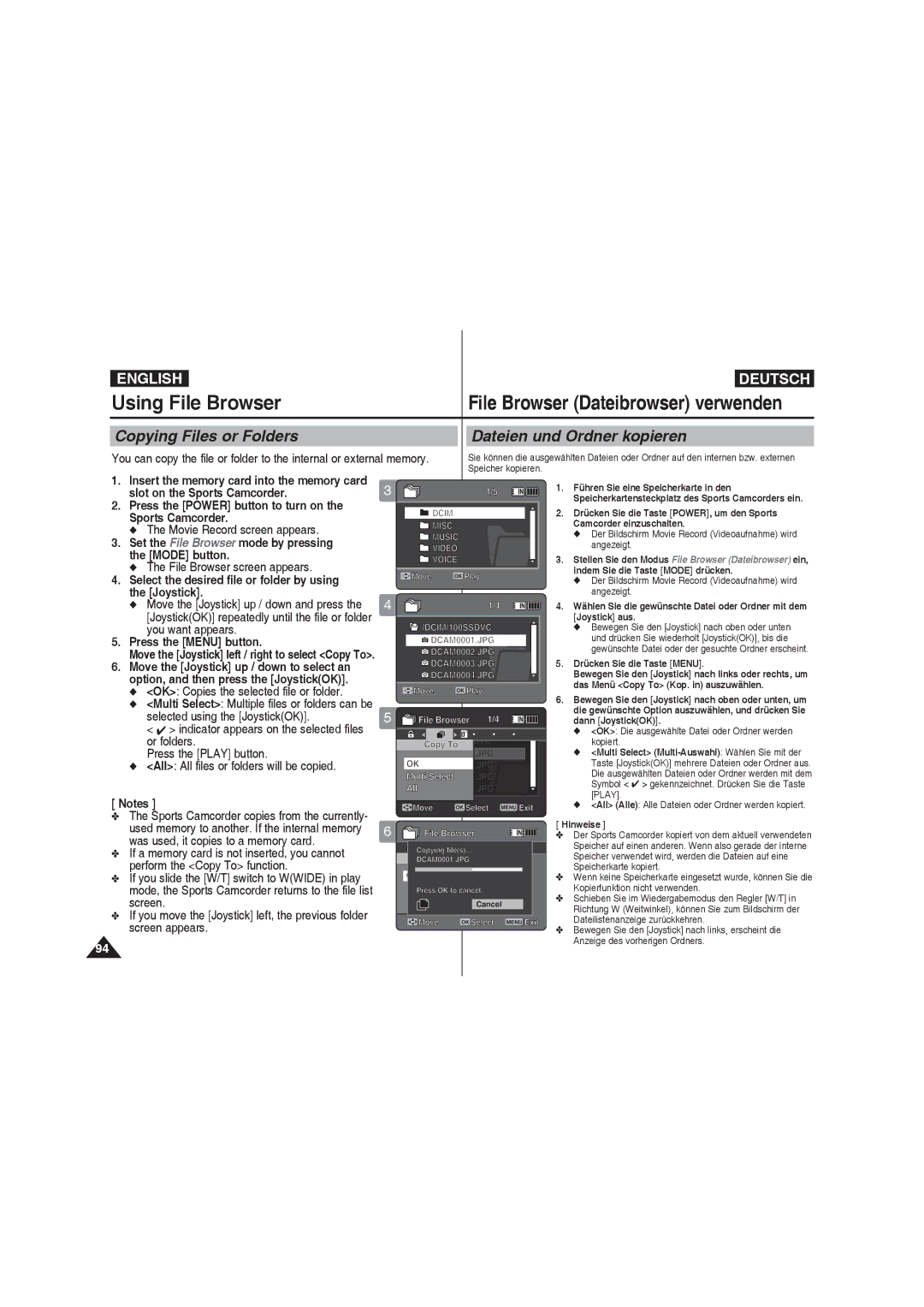 Samsung VP-X210L/MEA, VP-X210L/XEF manual Copying Files or Folders Dateien und Ordner kopieren, Slot on the Sports Camcorder 