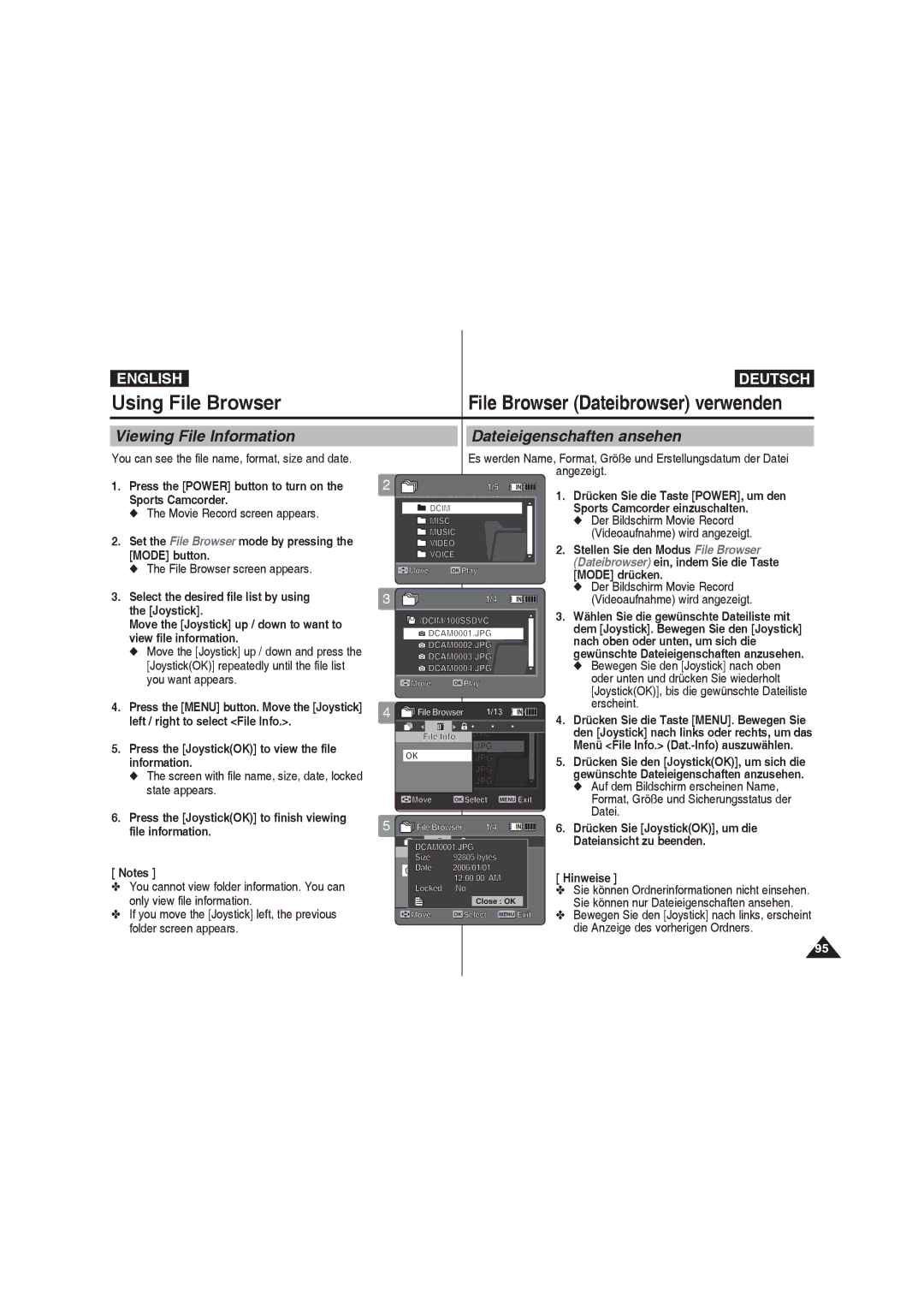 Samsung VP-X210L/CHN, VP-X210L/XEF, VP-X220L/XEF, VP-X210L/XET manual Viewing File Information, Dateieigenschaften ansehen 