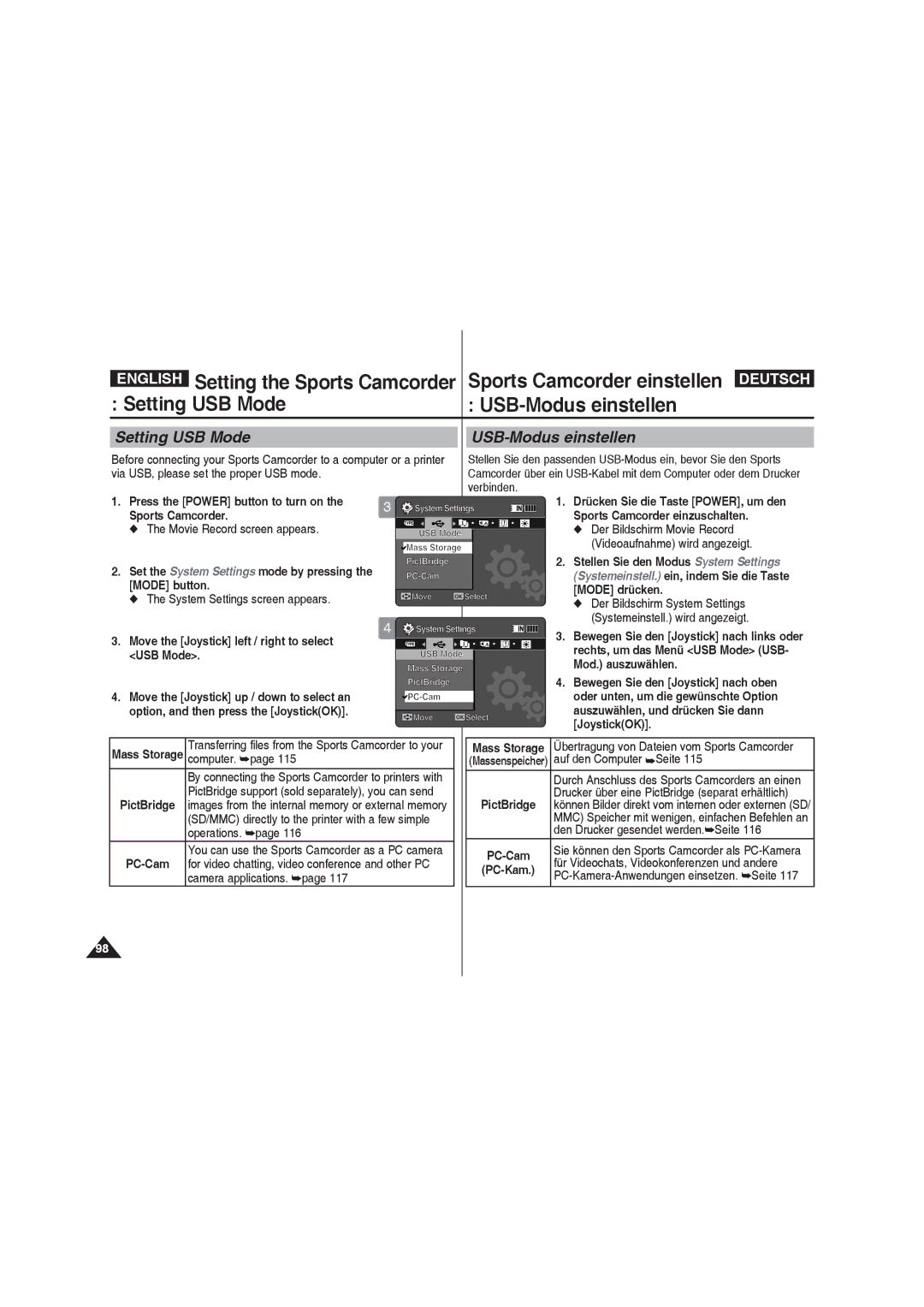 Samsung VP-X210L/XEE, VP-X210L/XEF, VP-X220L/XEF, VP-X210L/XET, VP-X220L/XET manual Setting USB Mode USB-Modus einstellen 