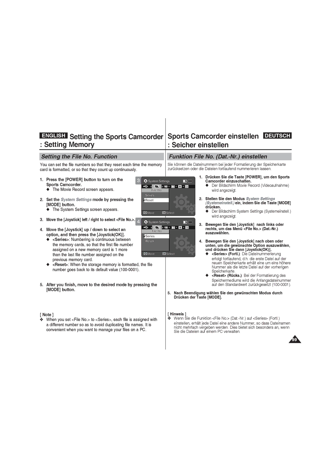 Samsung VP-X210L/XEF manual Setting Memory Seicher einstellen, Than the last file number assigned on, Previous memory card 